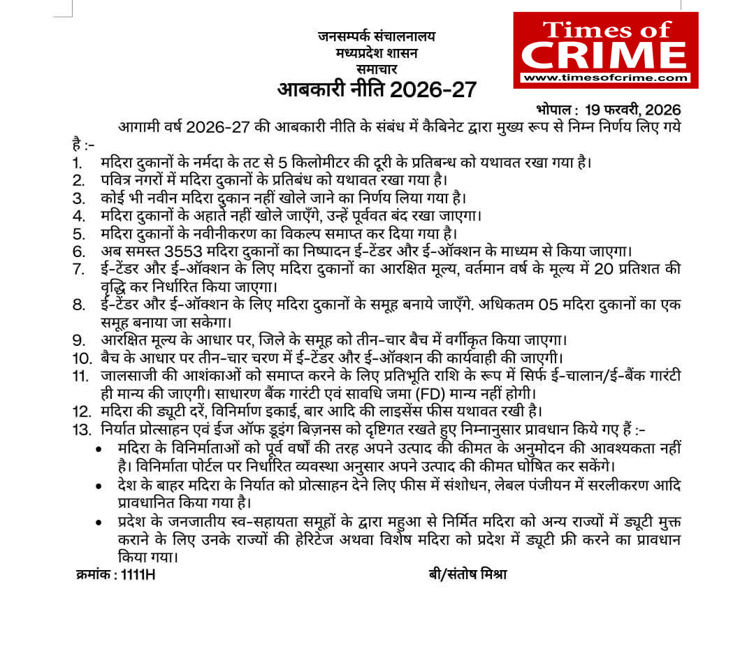 नई आबकारी नीति 2026 को मंजूरी : ई-टेंडर से होगी शराब दुकानों की नीलामी, प्रदेश में नहीं खुलेगी कोई भी नई शराब दुकान, मूल्य में 20 प्रतिशत की वृद्धि, यह रहे नियम